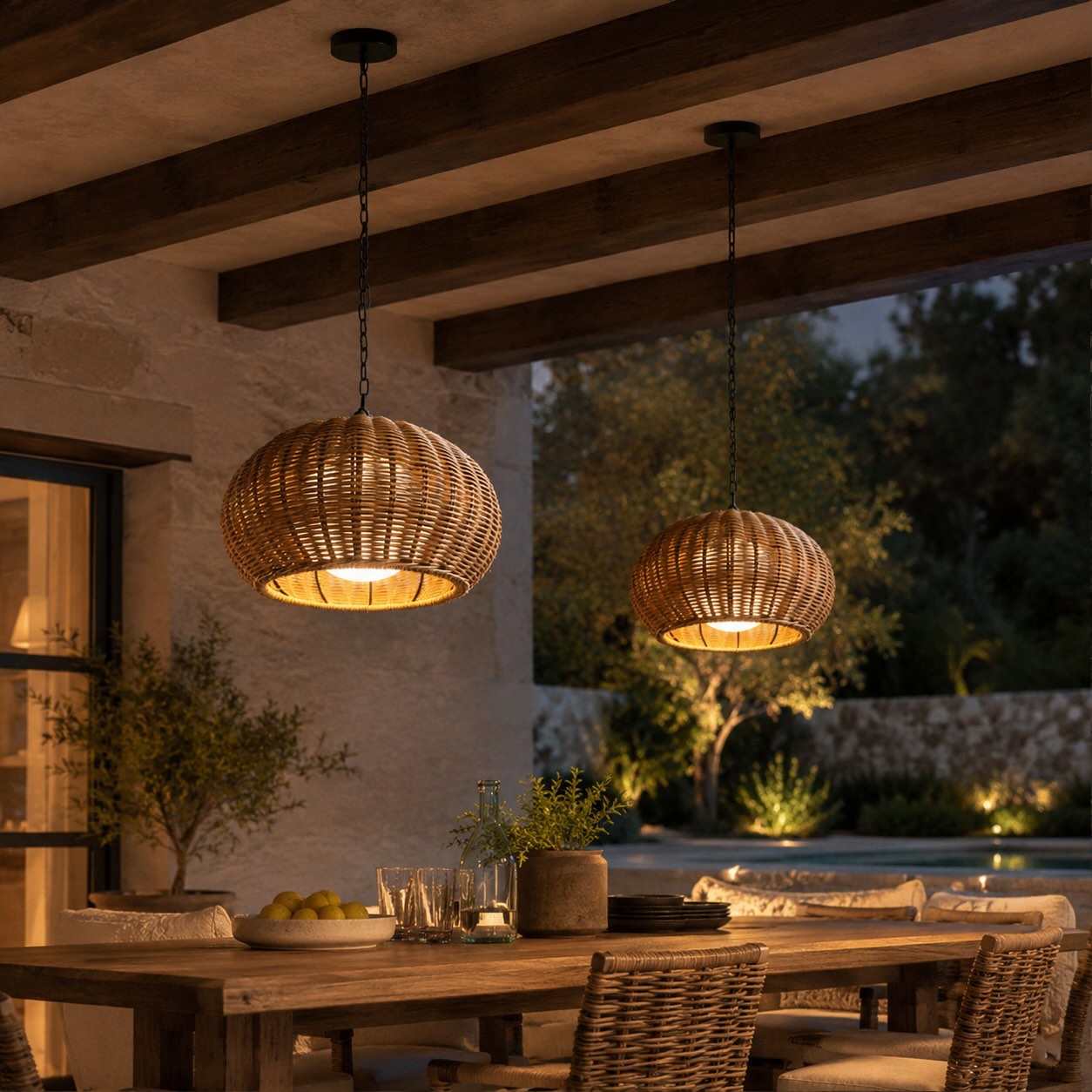 Modern Outdoor Pendant Light Fixture Hanging PE Rattan Waterproof LED Compatible 3000K