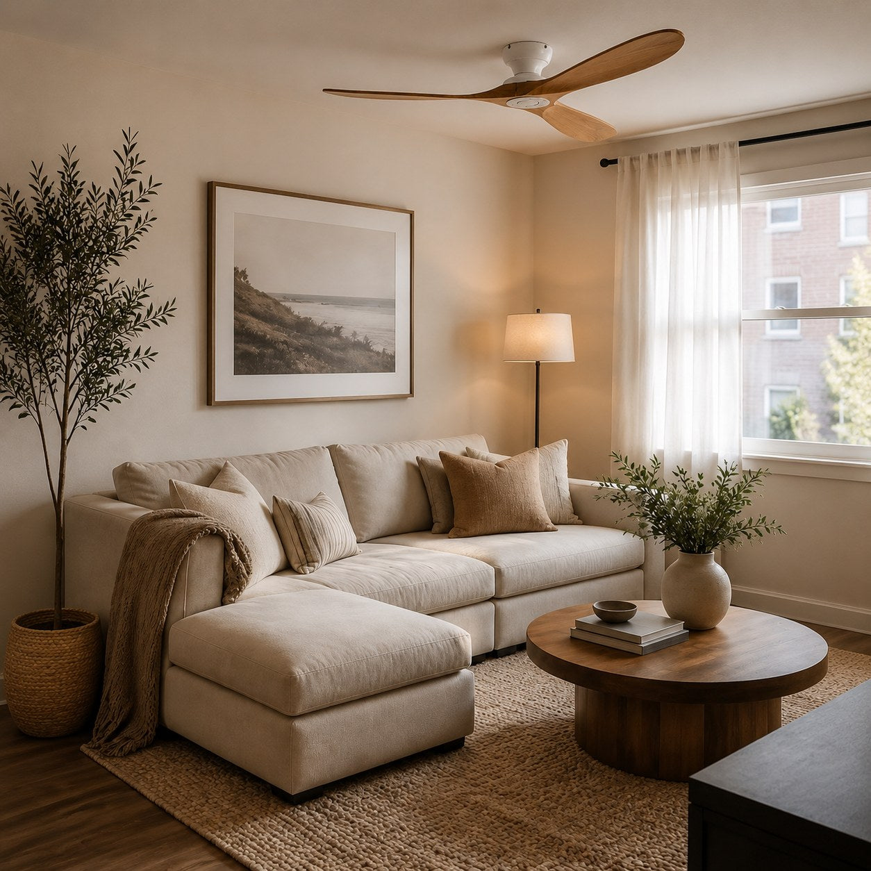 Modern Ceiling Fan with Wood Blades Flush Mount Quiet DC Motor 6-Speed Reversible Airflow
