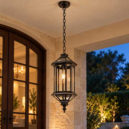 Traditional IP65 Outdoor Pendant Light with Clear Glass – Black Hanging Lantern