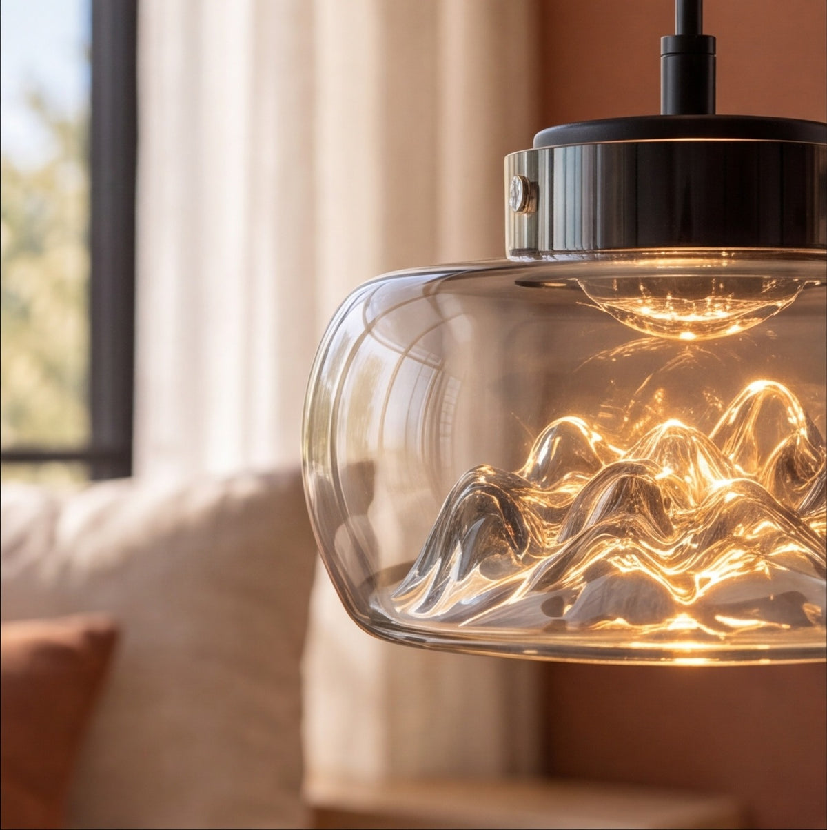 Modern Glass Pendant Lighting Hanging Fixture with Iron Frame and Textured Interior for Warm Illumination