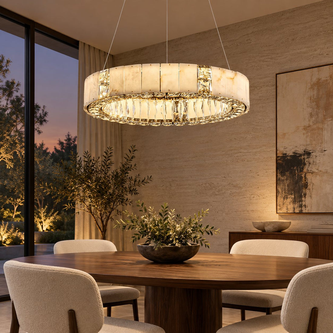 Modern Crystal Chandelier Hanging Light Fixture with Adjustable LED Alabaster Design