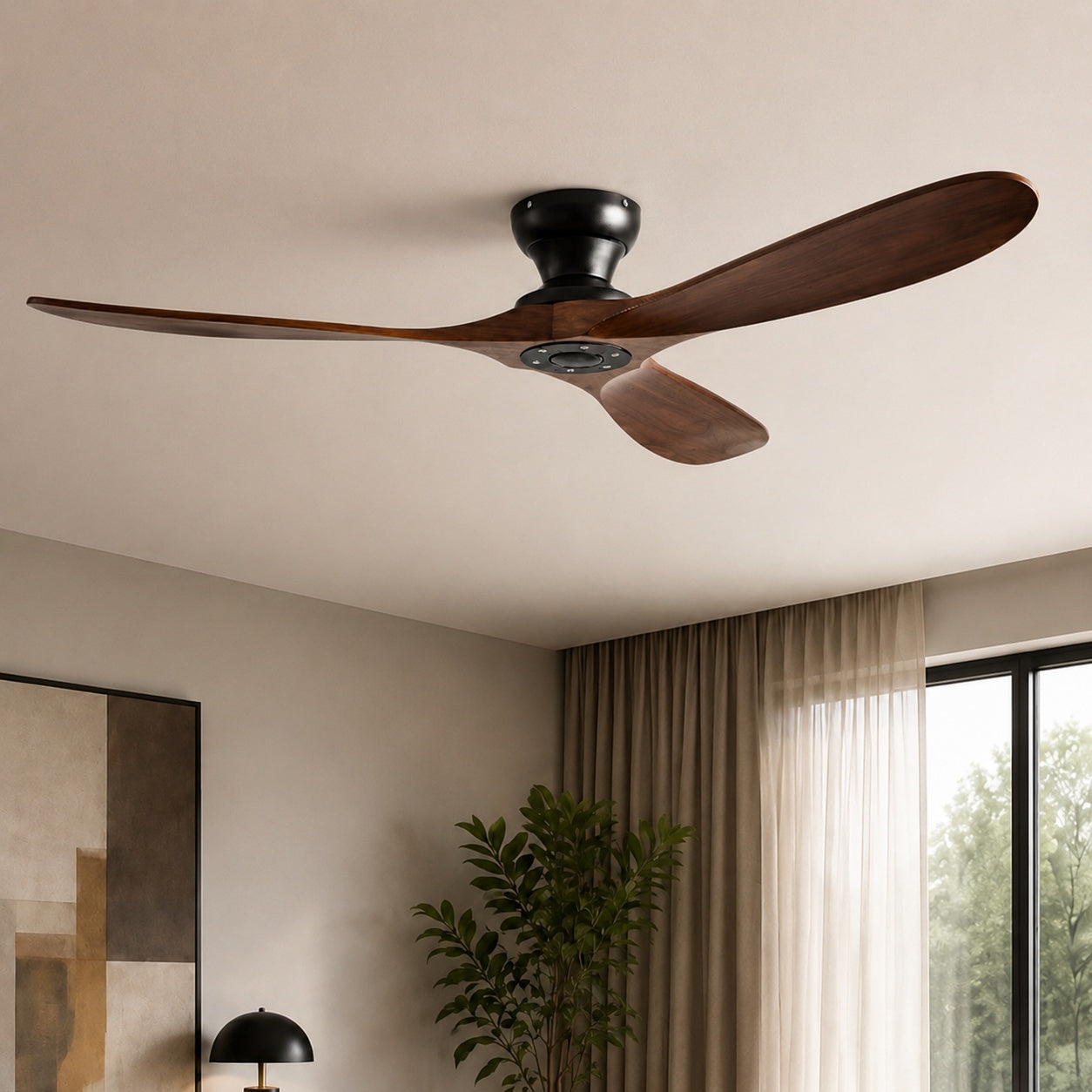 Modern Ceiling Fan with Wood Blades Flush Mount Quiet DC Motor 6-Speed Reversible Airflow