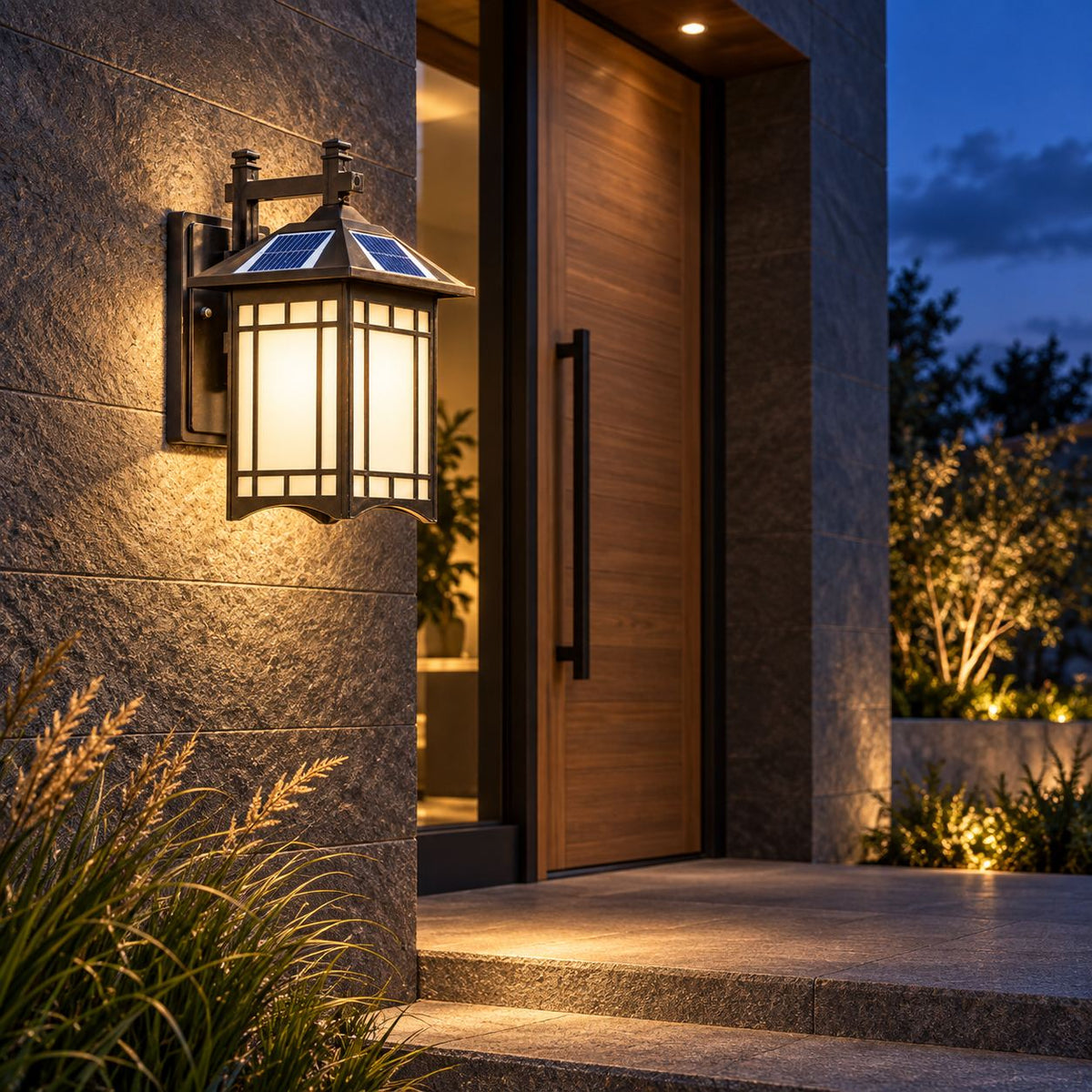 Modern Outdoor Wall Lantern Wall Mounted Die-Cast Aluminum Glass LED Light with Solar and Hardwired Options