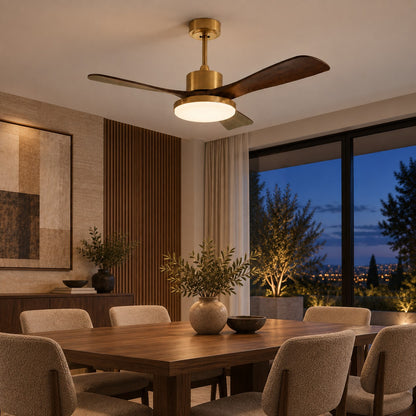 Modern Flush Mount Ceiling Fan with Integrated LED Lights Wooden Blades 6-Speed Control