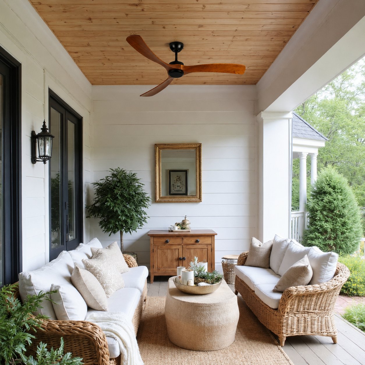 Modern Outdoor Ceiling Fan with Walnut Wood Blades Flush Mount Waterproof IP65 Quiet 6-Speed Motor