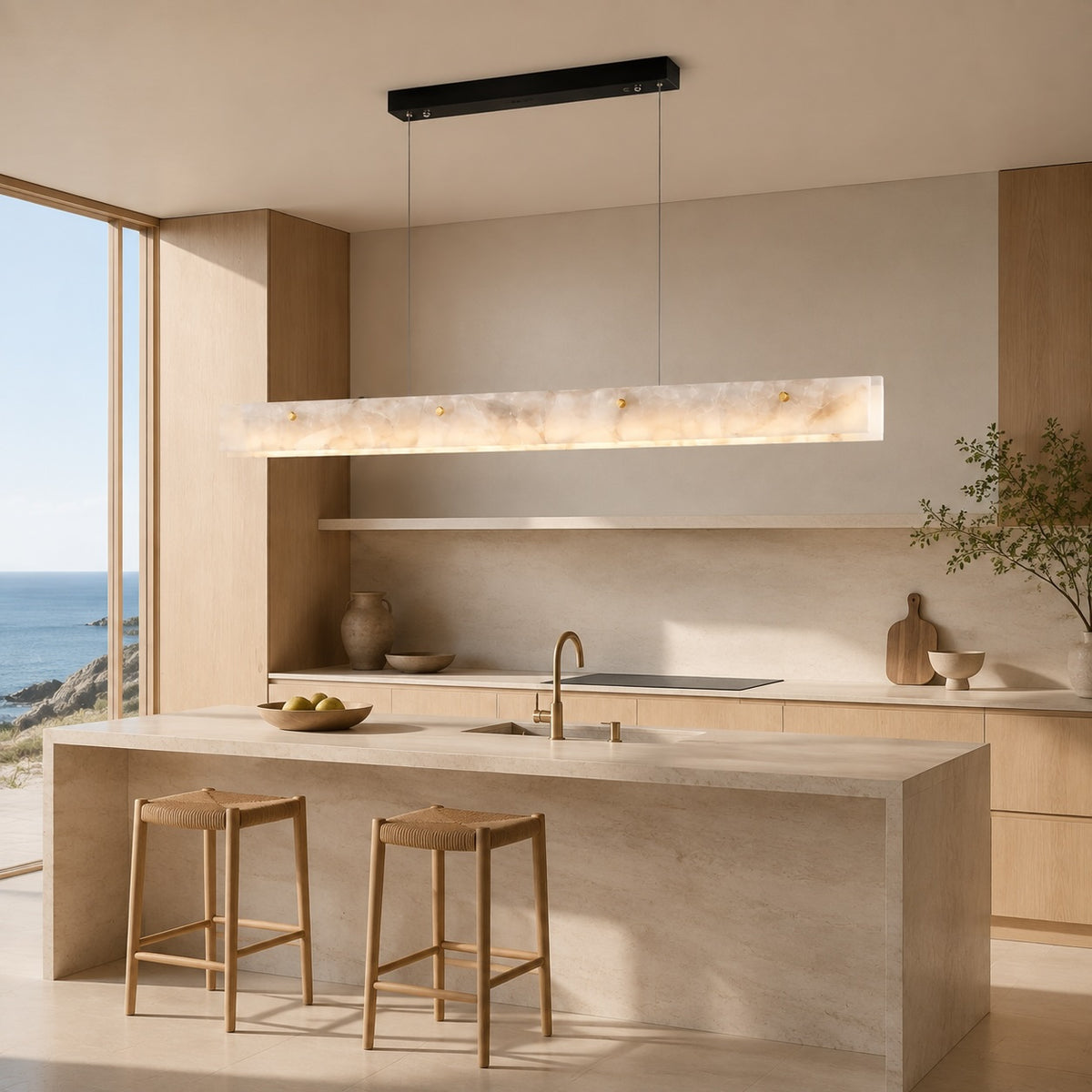 Modern Pendant Light Adjustable Hanging Stainless Steel and Marble LED Fixture for Kitchen Island