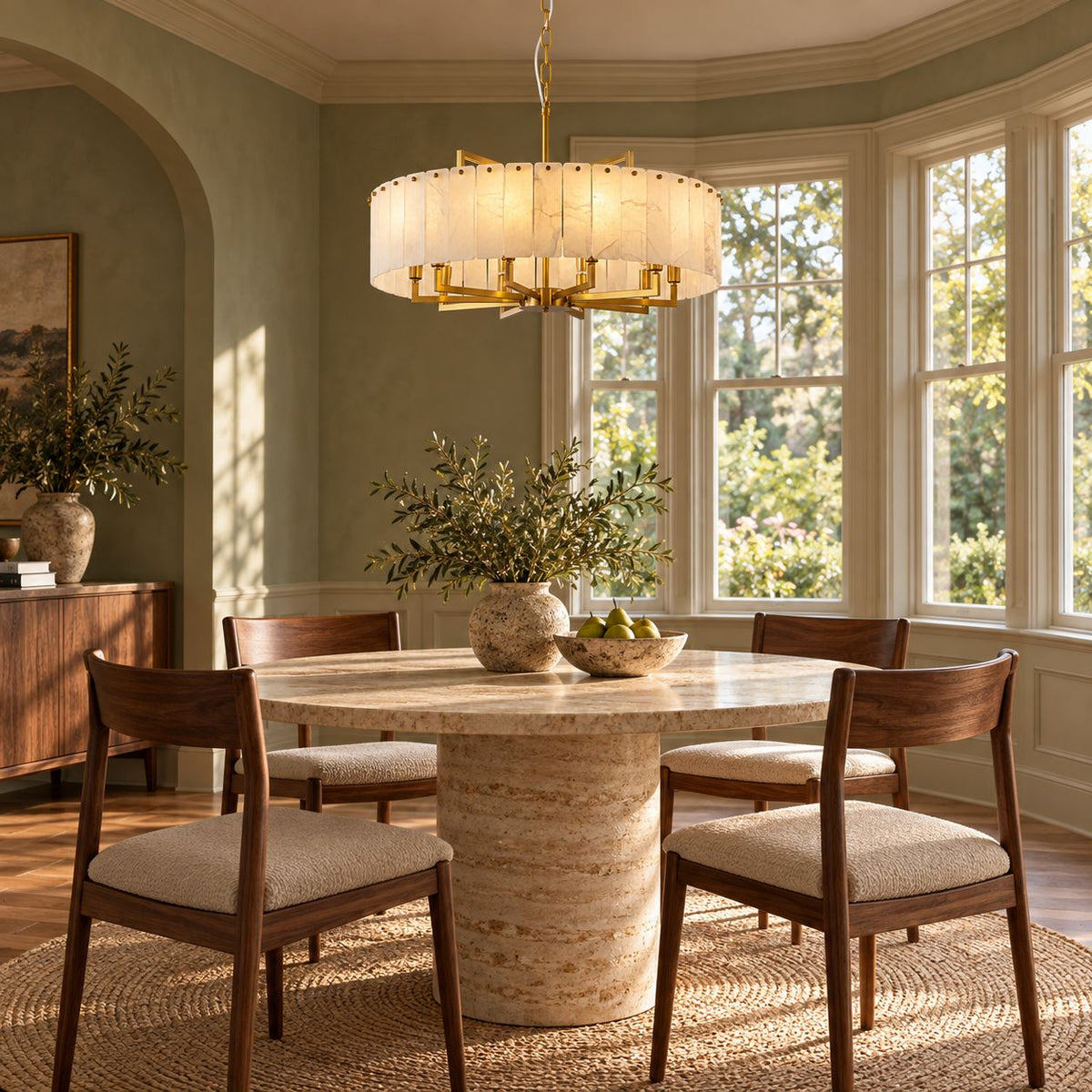 Modern Round Chandelier Adjustable Hanging Brass Alabaster 8 Light Fixture for Dining Room