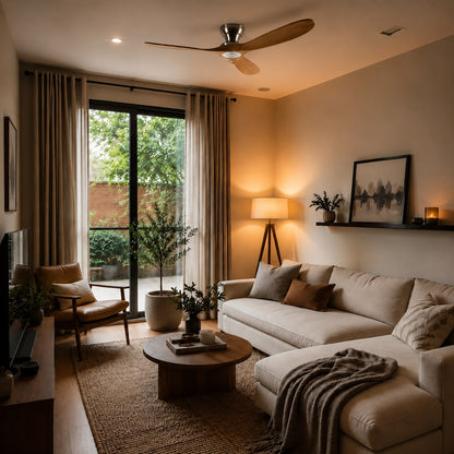 Modern Ceiling Fan with Wood Blades Flush Mount Quiet DC Motor 6-Speed Reversible Airflow