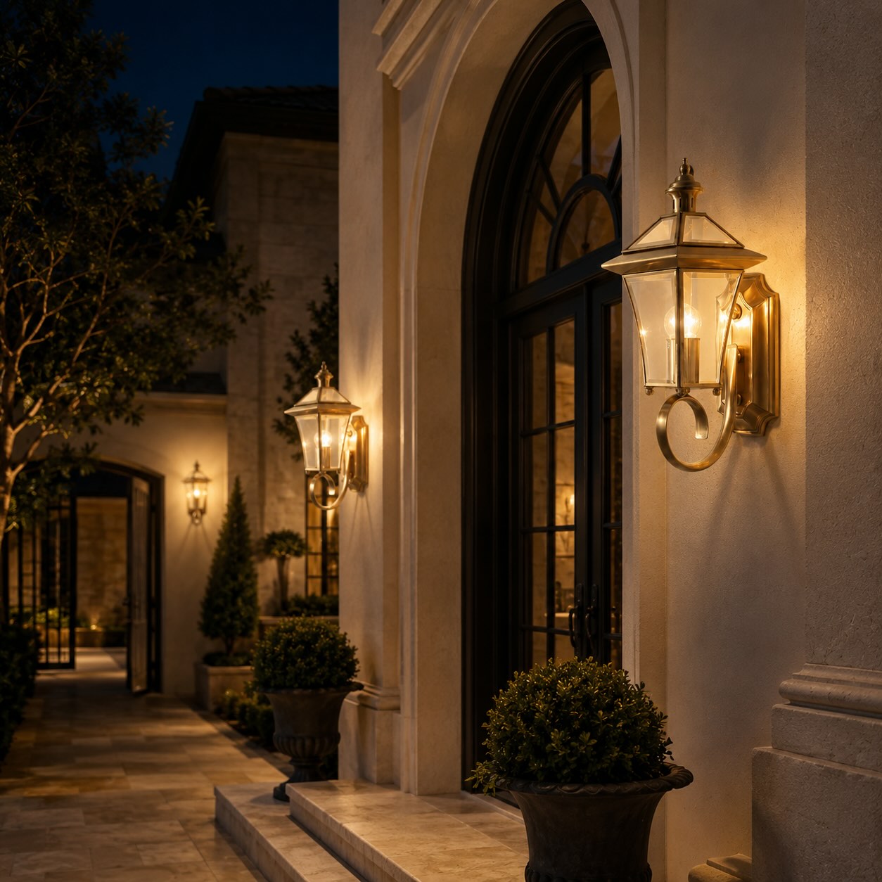Retro Outdoor Wall Lantern Brass Frame Transparent Glass Shade Weatherproof E26 Compatible LED