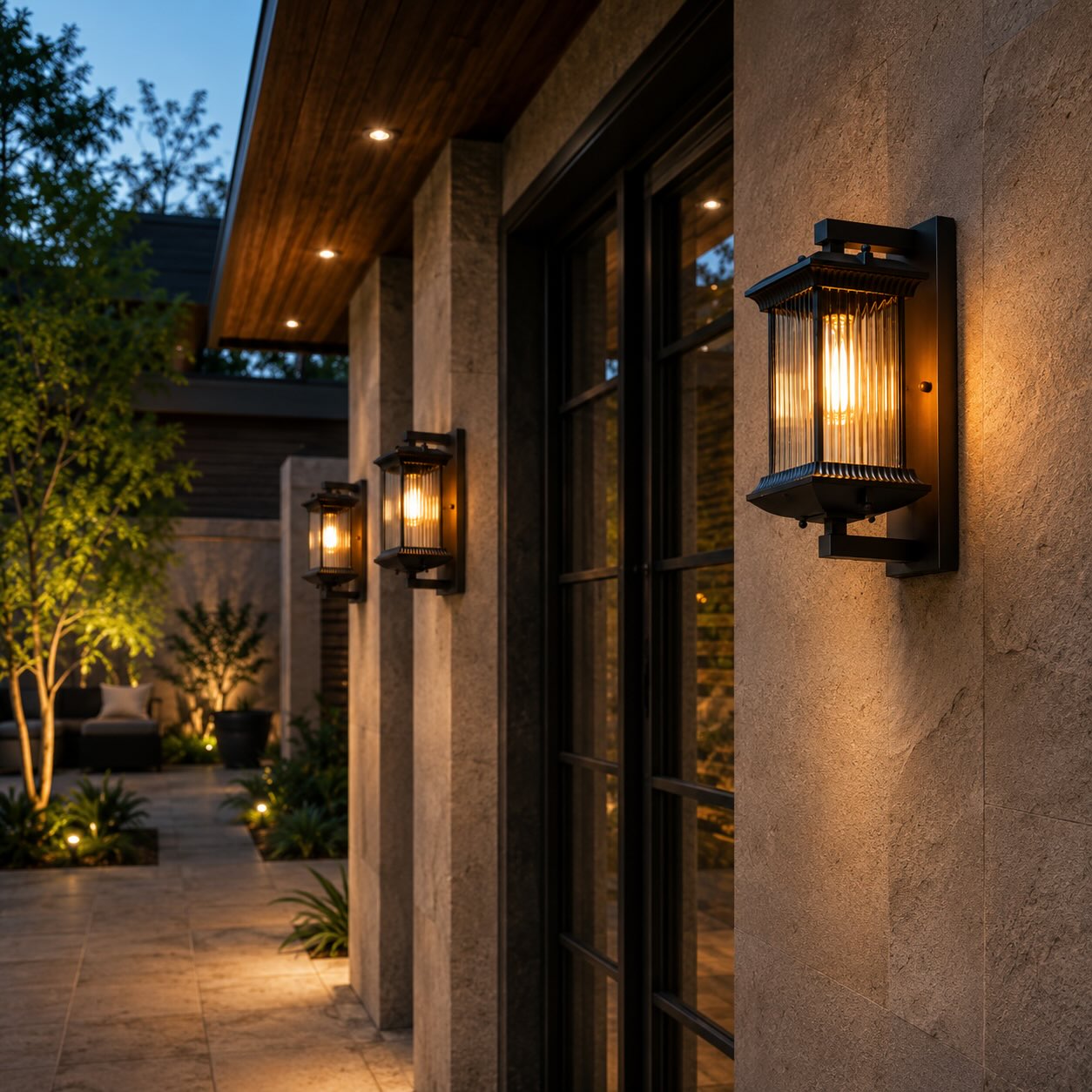 Modern Outdoor Wall Lantern Wall Mounted Fluted Glass Aluminum LED Weatherproof 35cm