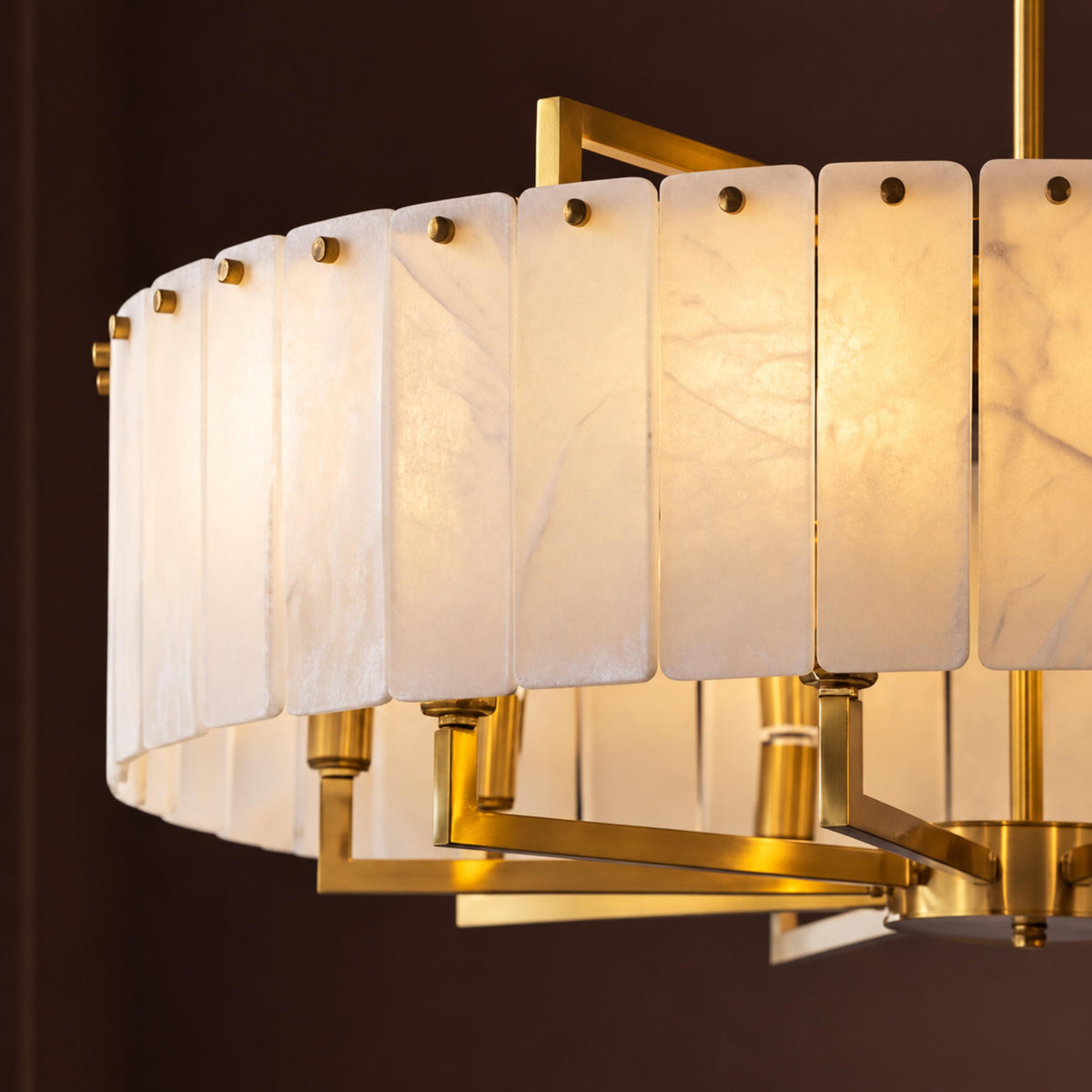 Modern Round Chandelier Adjustable Hanging Brass Alabaster 8 Light Fixture for Dining Room