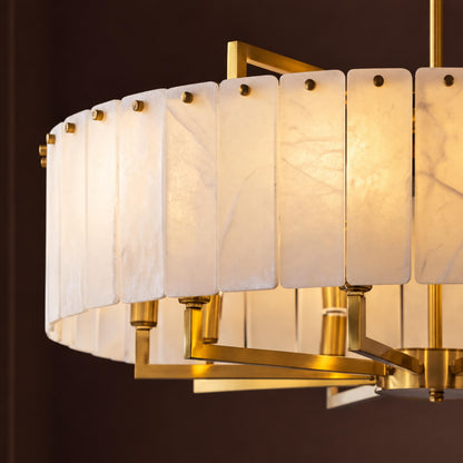 Modern Round Chandelier Adjustable Hanging Brass Alabaster 8 Light Fixture for Dining Room
