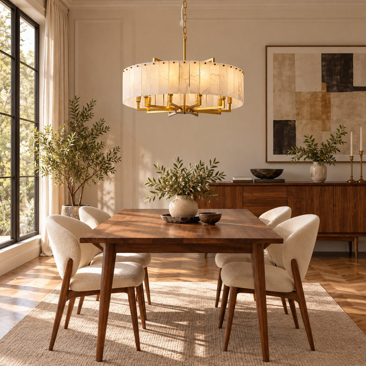 Modern Round Chandelier Adjustable Hanging Brass Alabaster 8 Light Fixture for Dining Room