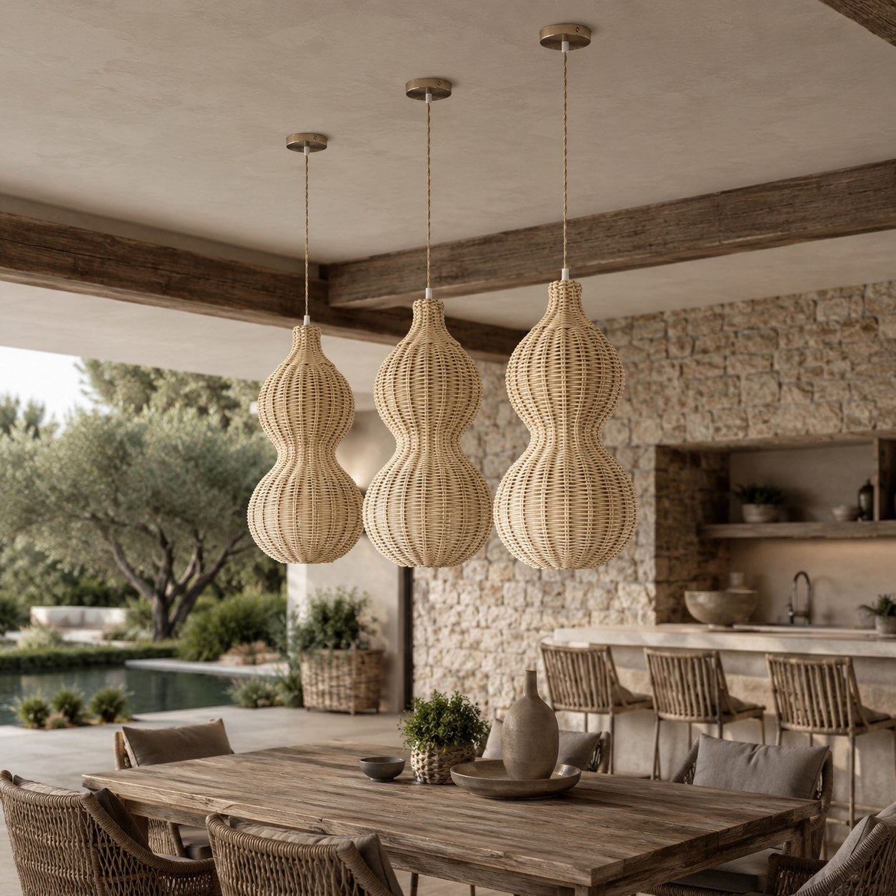 Modern Rattan Pendant Light Hanging Fixture with 12W LED Warm White for Outdoor Use