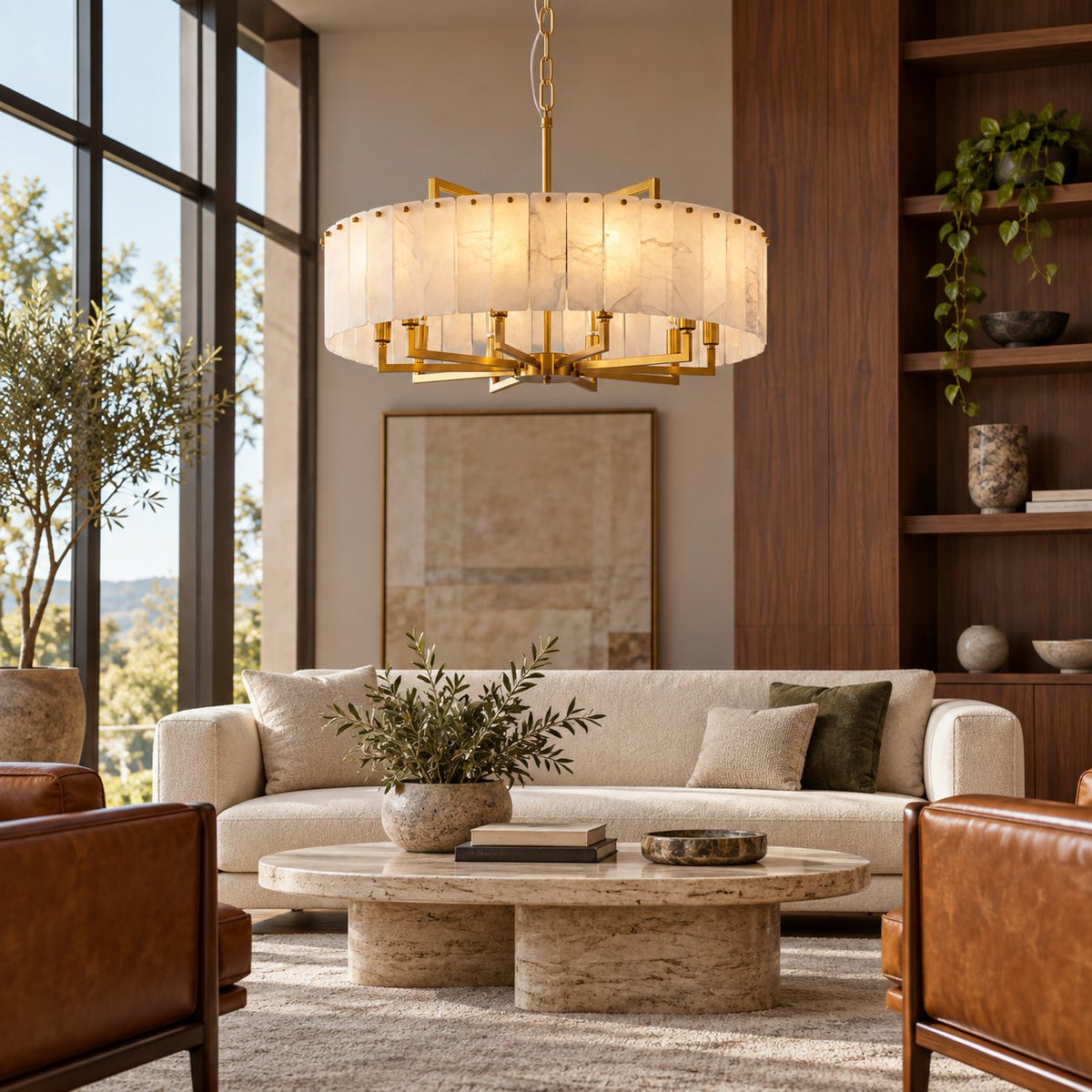 Modern Round Chandelier Adjustable Hanging Brass Alabaster 8 Light Fixture for Dining Room