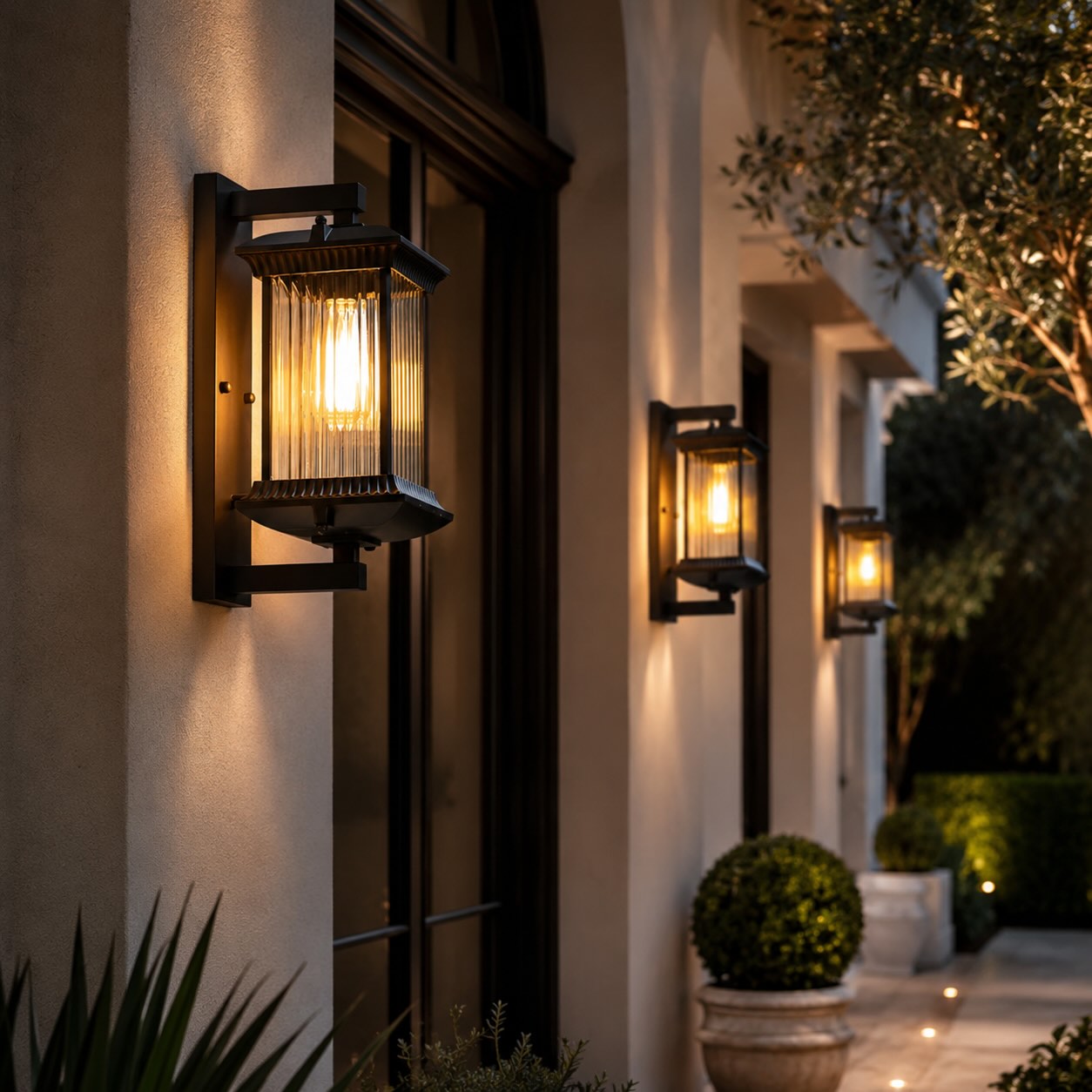 Modern Outdoor Wall Lantern Wall Mounted Fluted Glass Aluminum LED Weatherproof 35cm