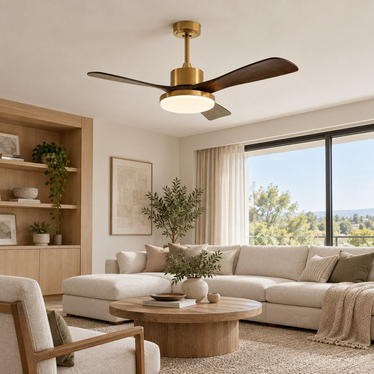 Modern Flush Mount Ceiling Fan with Integrated LED Lights Wooden Blades 6-Speed Control