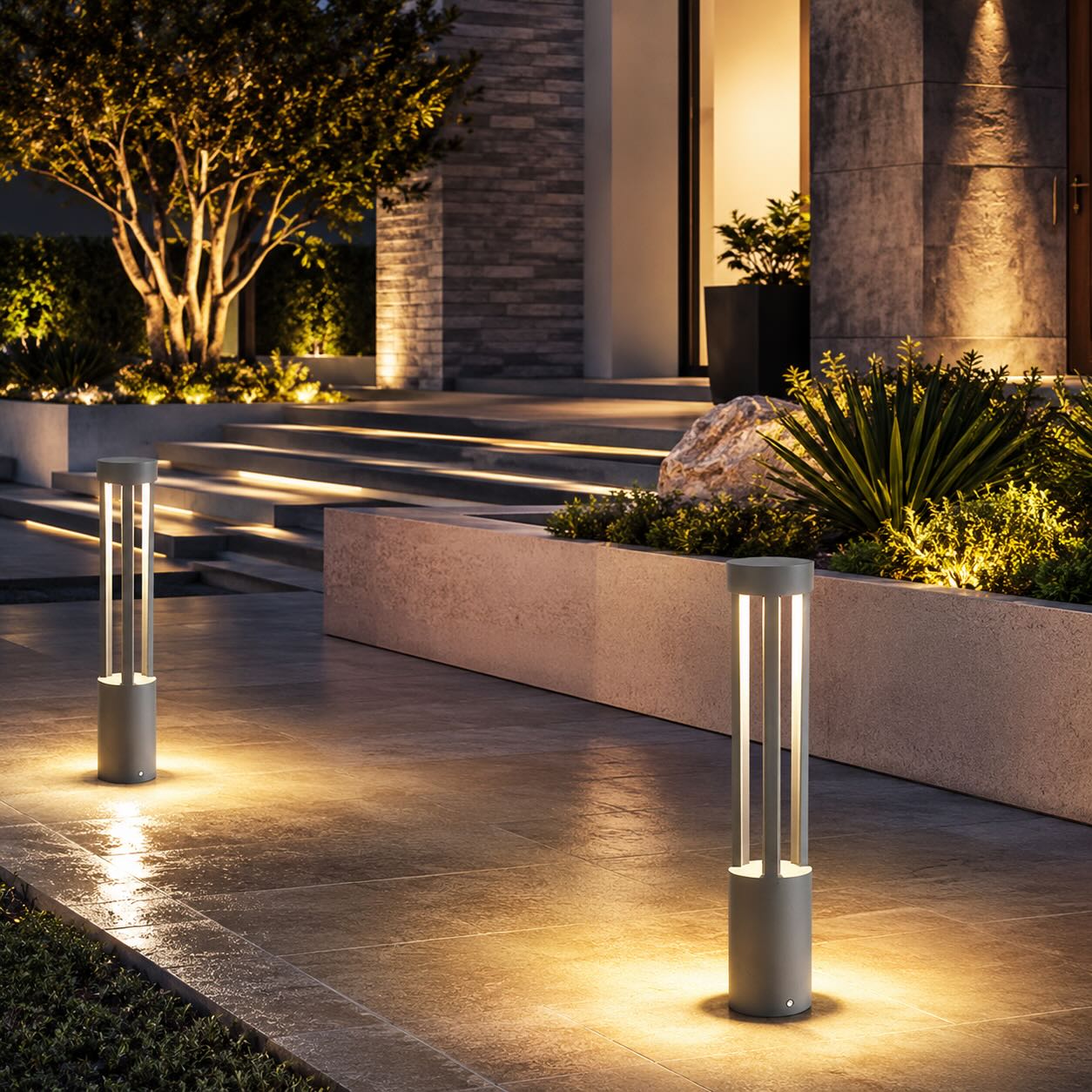 Modern LED Bollard Light Adjustable Height Round Square Aluminum Acrylic Warm White Outdoor
