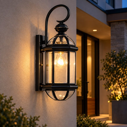 Vintage Outdoor Wall Light Brass Construction Clear Glass Shade Hardwired Waterproof IP56