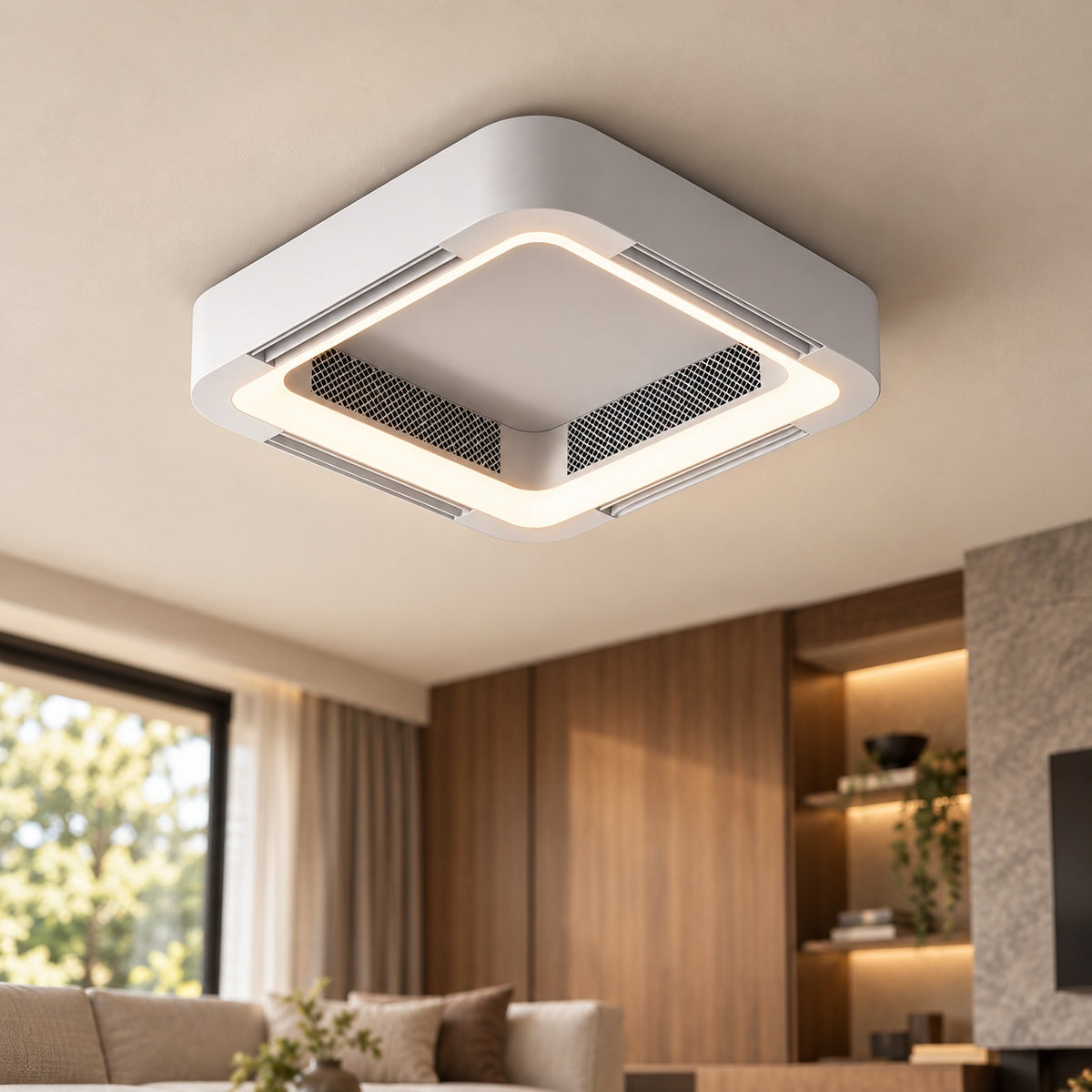 Modern Bladeless Ceiling Fan with Flush Mount Design Metal Body Dimmable LED Light and Remote Control