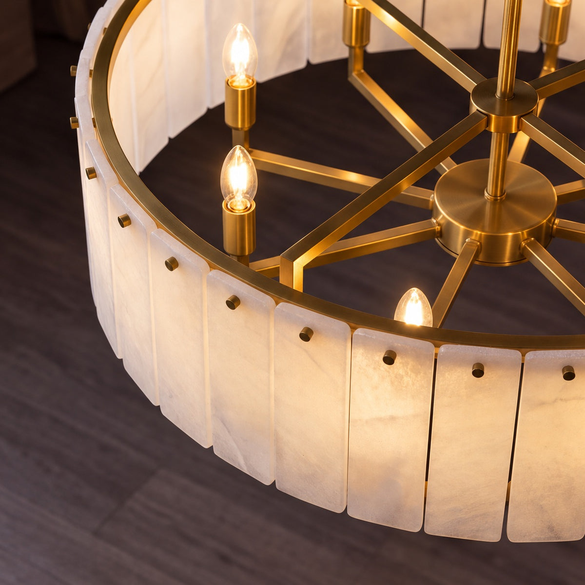 Modern Round Chandelier Adjustable Hanging Brass Alabaster 8 Light Fixture for Dining Room