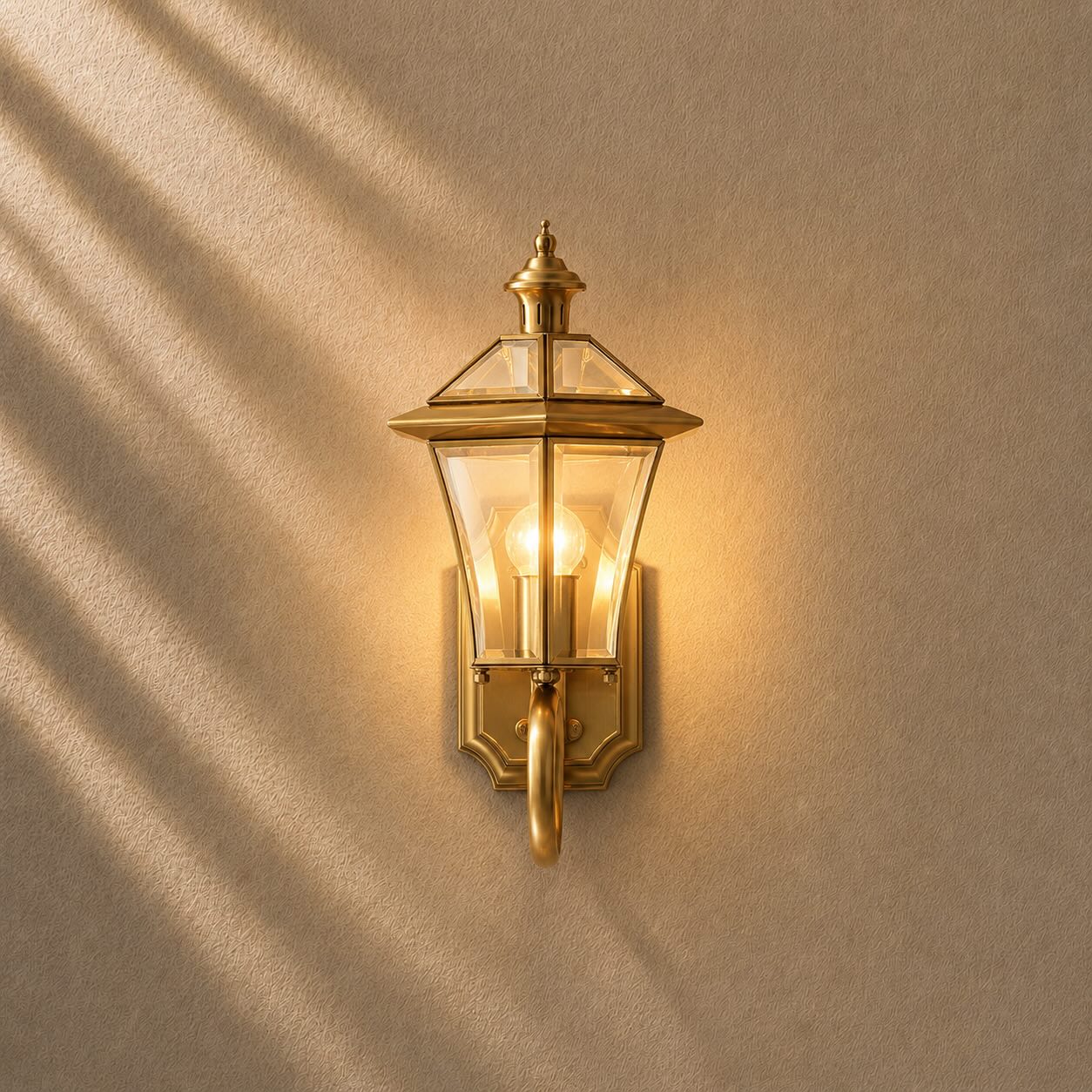 Retro Outdoor Wall Lantern Brass Frame Transparent Glass Shade Weatherproof E26 Compatible LED