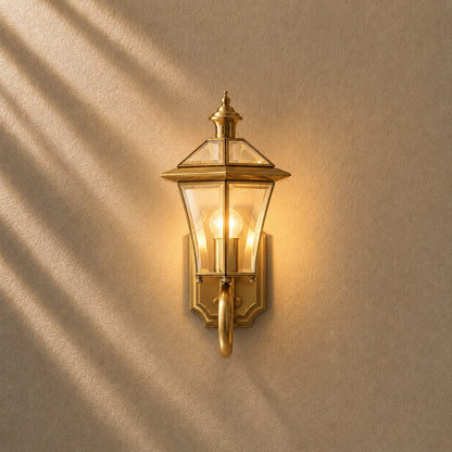 Retro Outdoor Wall Lantern Brass Frame Transparent Glass Shade Weatherproof E26 Compatible LED