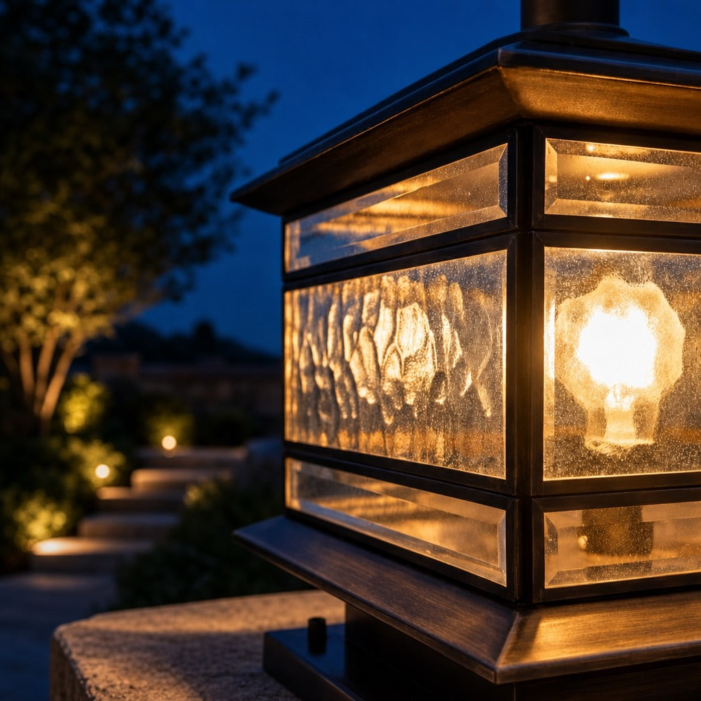 Solar Outdoor Wall Light with Vintage Copper Finish and Waterproof Tempered Glass LED Illumination