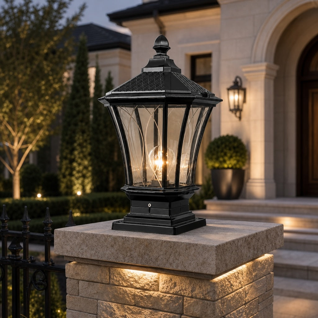 Elegant Solar Outdoor Post Light Octagonal Glass Shade Aluminum Waterproof LED 5W