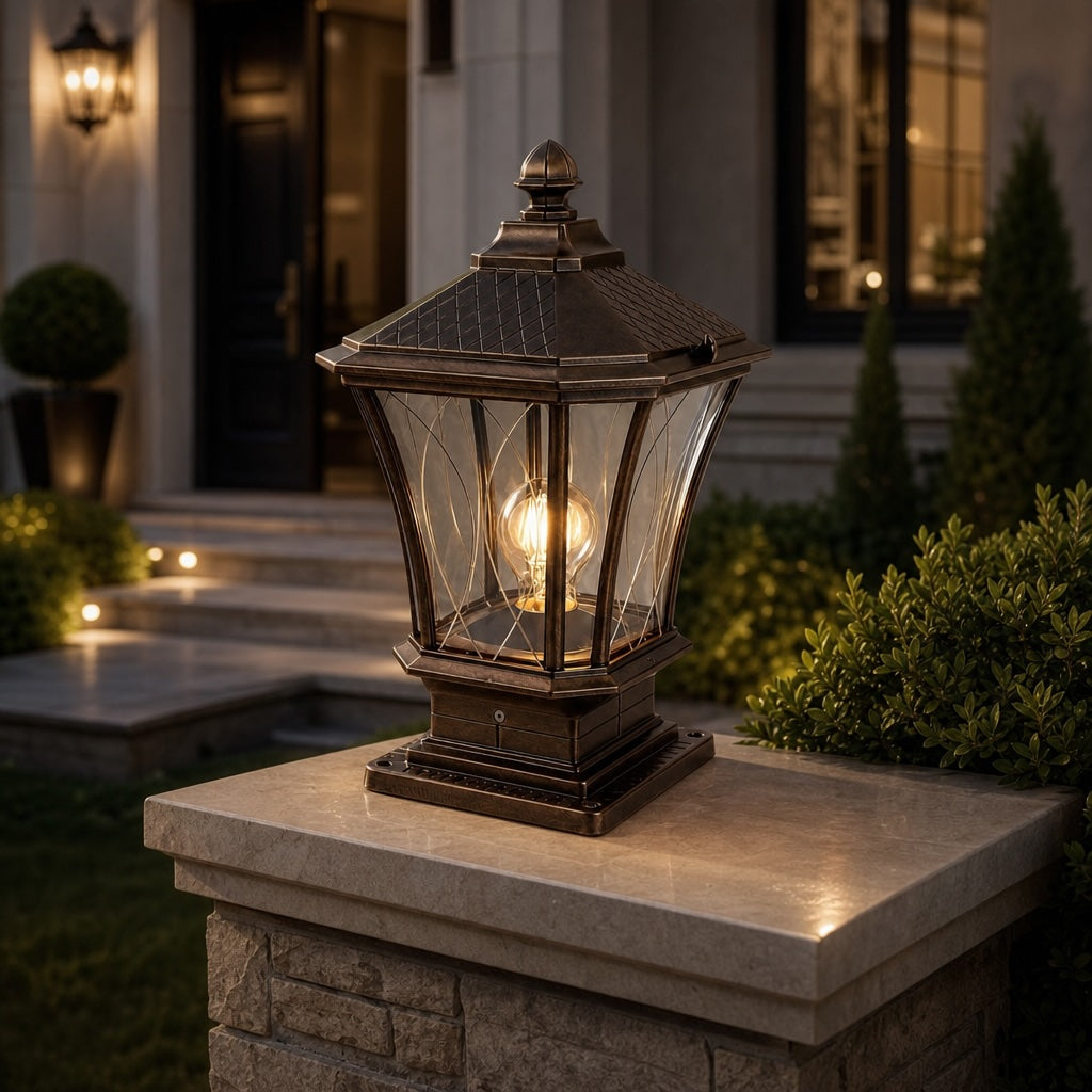Elegant Solar Outdoor Post Light Octagonal Glass Shade Aluminum Waterproof LED 5W
