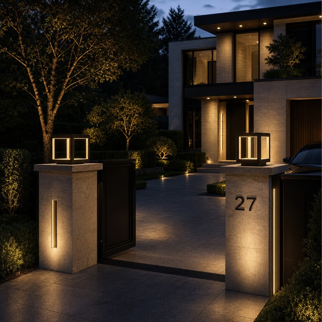 Modern Outdoor Pillar Light Open Frame Stainless Steel Acrylic LED 3000K IP54 Rated