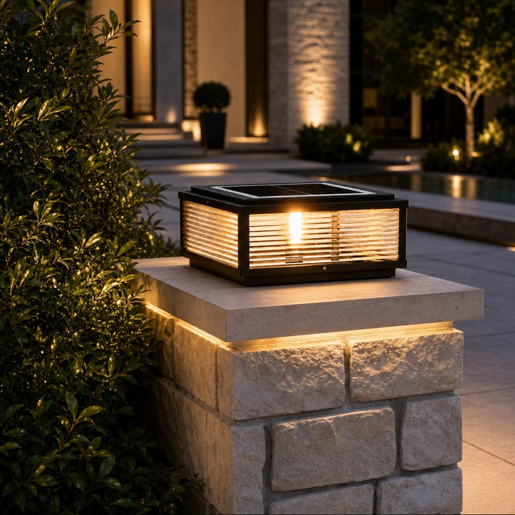 Solar Outdoor Pillar Light Modern Die-Cast Aluminum Ribbed Glass LED Adjustable Design