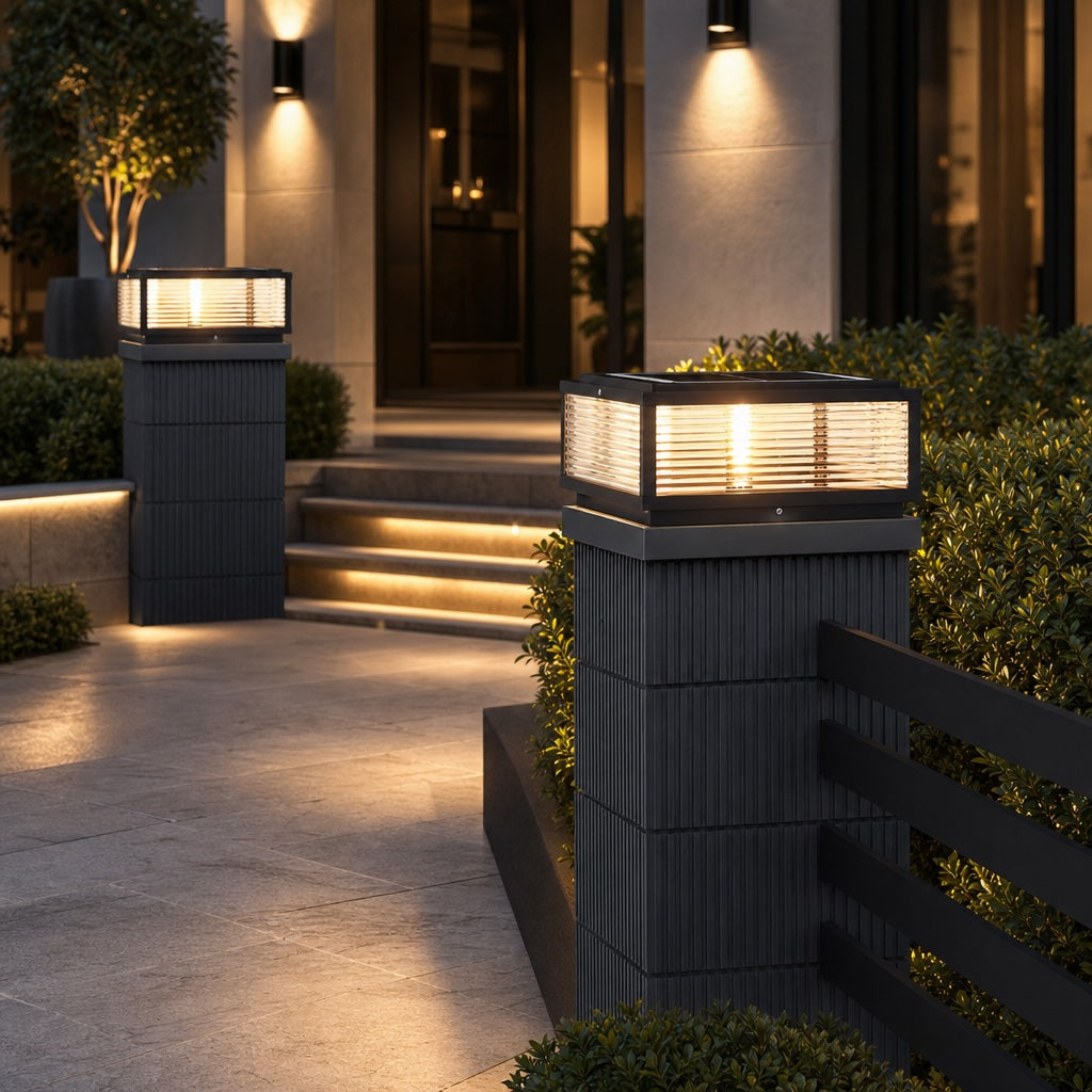 Solar Outdoor Pillar Light Modern Die-Cast Aluminum Ribbed Glass LED Adjustable Design