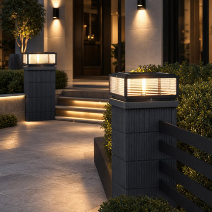 Solar Outdoor Pillar Light Modern Die-Cast Aluminum Ribbed Glass LED Adjustable Design