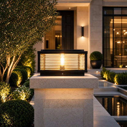 Solar Outdoor Pillar Light Modern Die-Cast Aluminum Ribbed Glass LED Adjustable Design