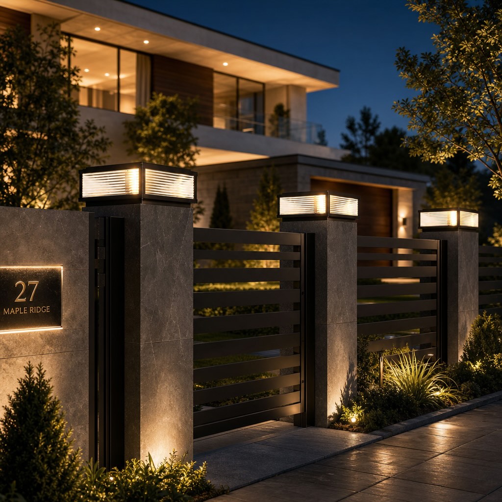 Solar Outdoor Pillar Light Modern Die-Cast Aluminum Ribbed Glass LED Adjustable Design