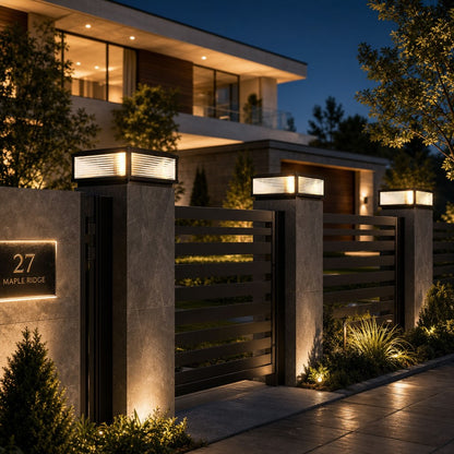 Solar Outdoor Pillar Light Modern Die-Cast Aluminum Ribbed Glass LED Adjustable Design