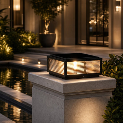 Solar Outdoor Pillar Light Modern Die-Cast Aluminum Ribbed Glass LED Adjustable Design