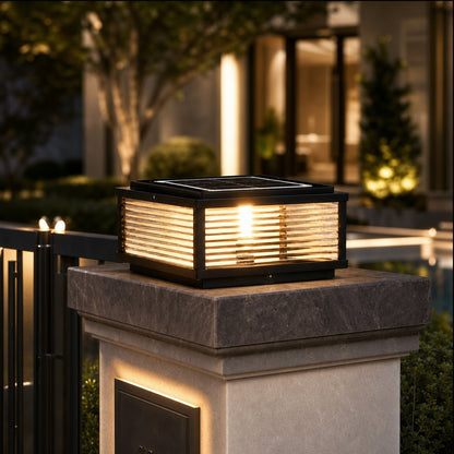 Solar Outdoor Pillar Light Modern Die-Cast Aluminum Ribbed Glass LED Adjustable Design