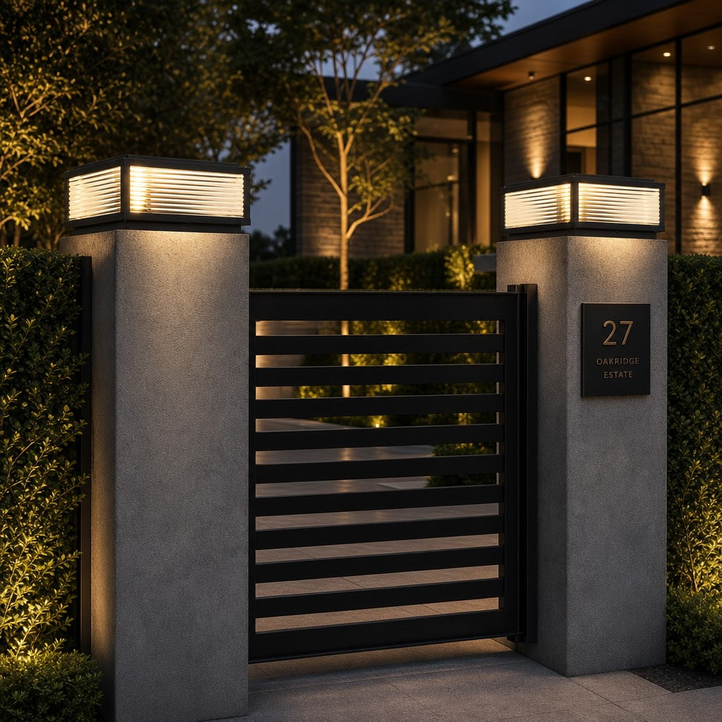 Solar Outdoor Pillar Light Modern Die-Cast Aluminum Ribbed Glass LED Adjustable Design