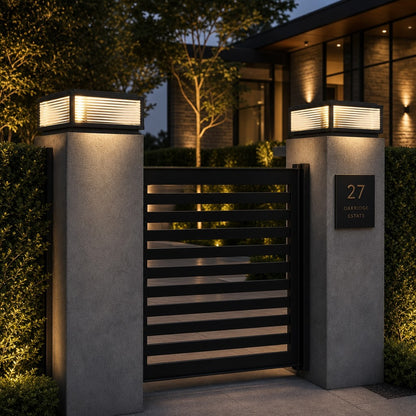 Solar Outdoor Pillar Light Modern Die-Cast Aluminum Ribbed Glass LED Adjustable Design