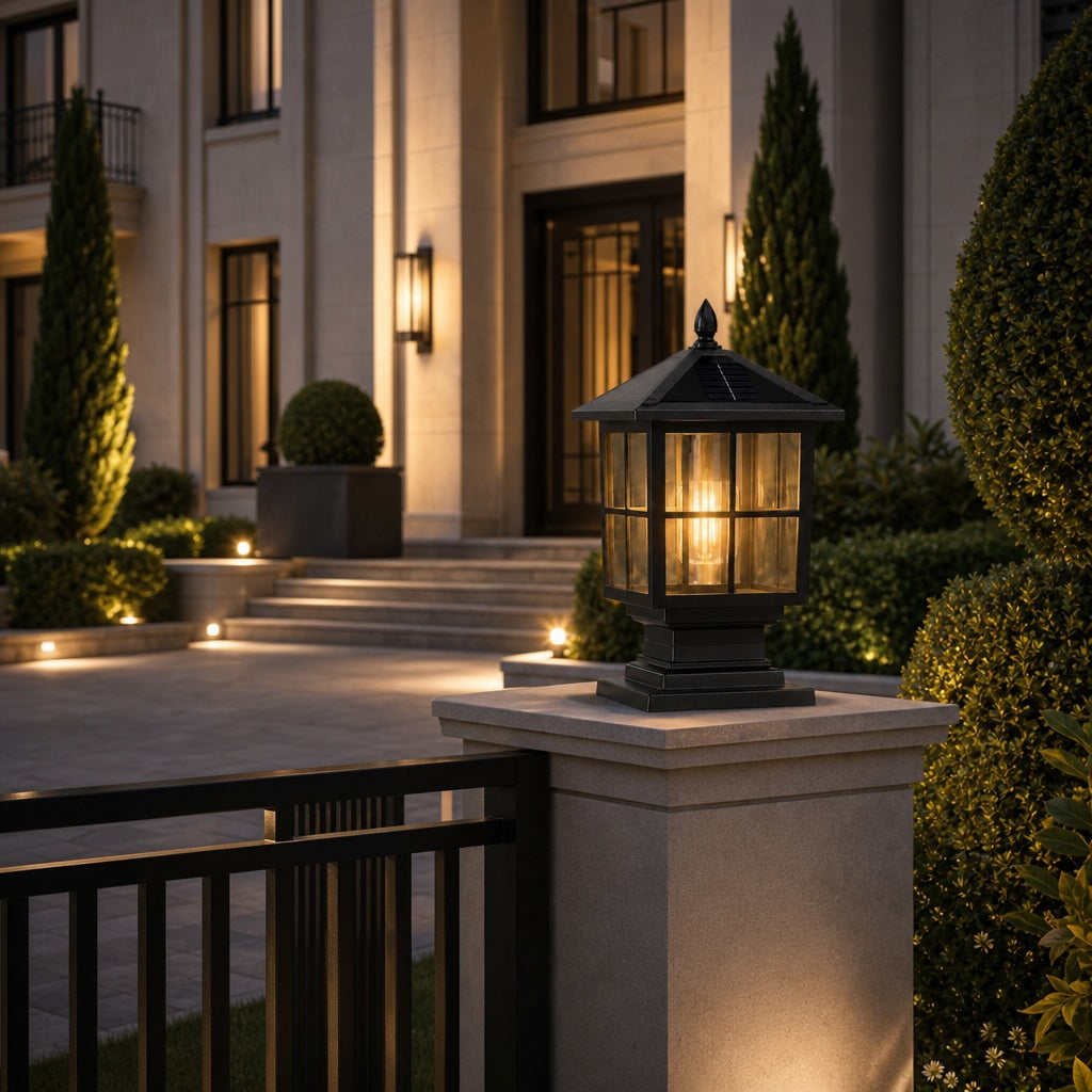 Solar Outdoor Pillar Light Wall Mounted Aluminum Alloy Glass Waterproof LED Dual Power