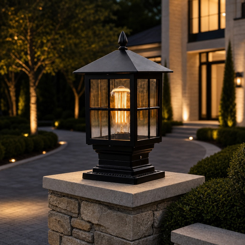 Solar Outdoor Pillar Light Wall Mounted Aluminum Alloy Glass Waterproof LED Dual Power