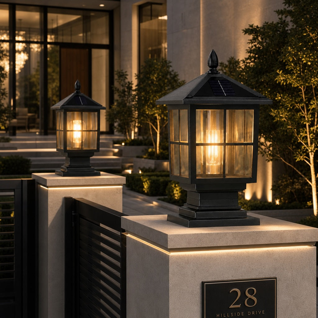 Solar Outdoor Pillar Light Wall Mounted Aluminum Alloy Glass Waterproof LED Dual Power