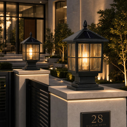 Solar Outdoor Pillar Light Wall Mounted Aluminum Alloy Glass Waterproof LED Dual Power