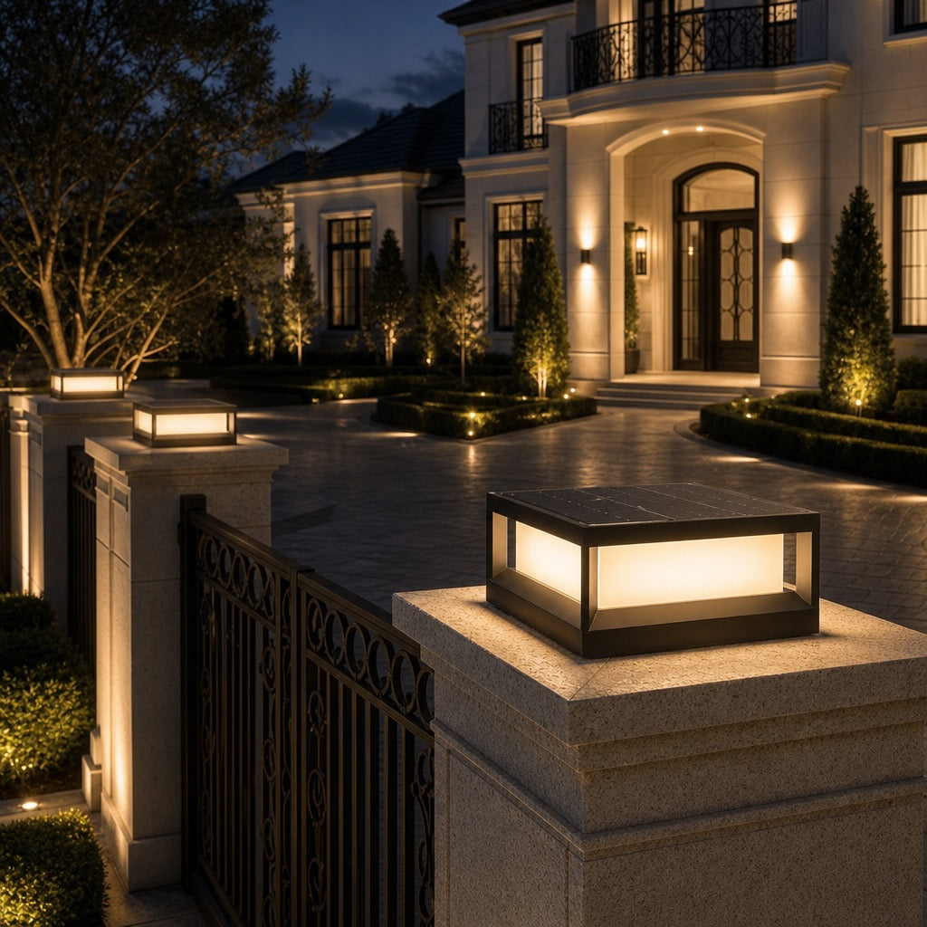 Modern Outdoor Pillar Light Solar Waterproof Aluminum LED Black Dimmable Warm White 3200K