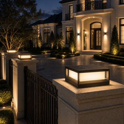 Modern Outdoor Pillar Light Solar Waterproof Aluminum LED Black Dimmable Warm White 3200K