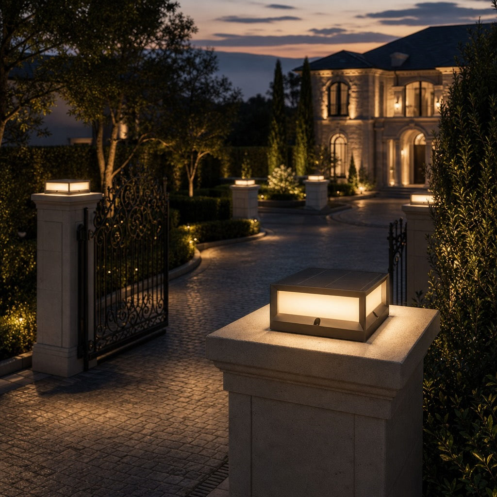 Modern Outdoor Pillar Light Solar Waterproof Aluminum LED Black Dimmable Warm White 3200K