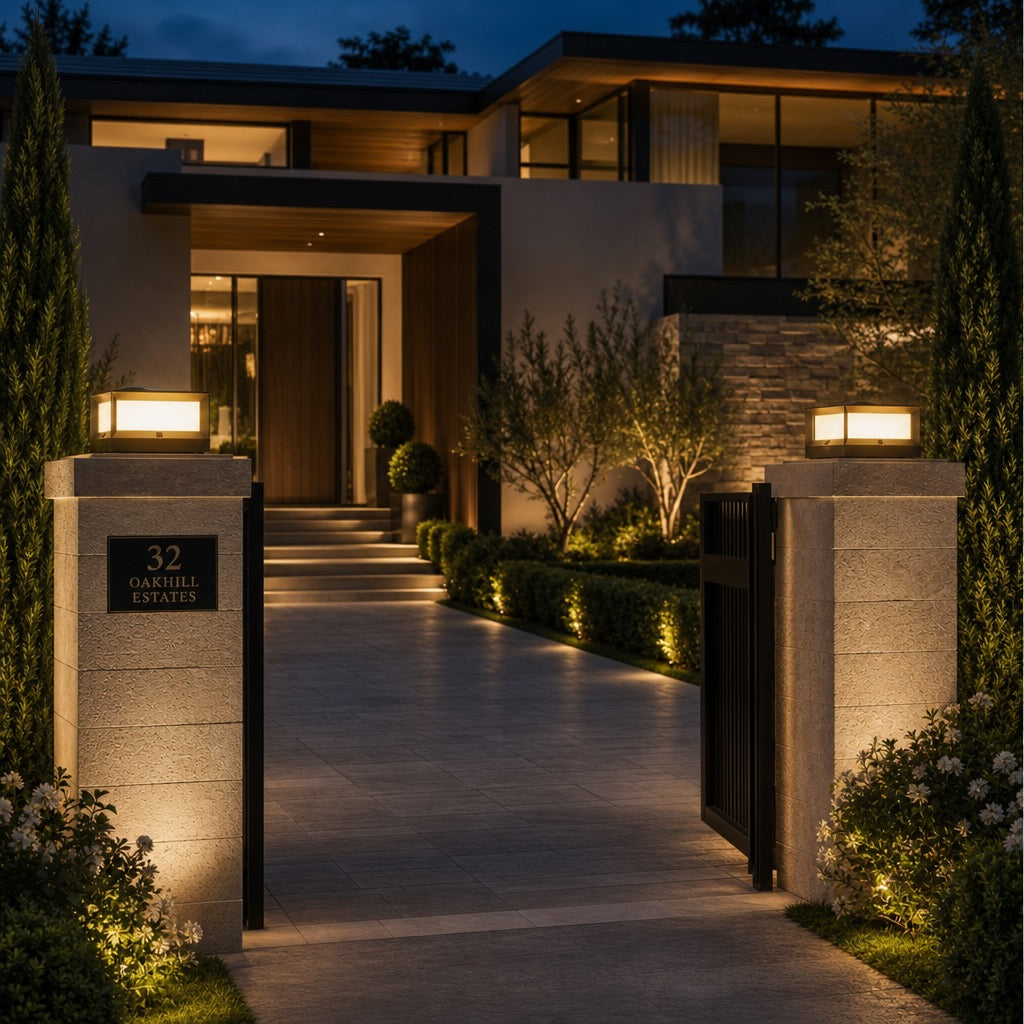 Modern Outdoor Pillar Light Solar Waterproof Aluminum LED Black Dimmable Warm White 3200K