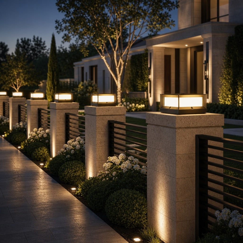 Modern Outdoor Pillar Light Solar Waterproof Aluminum LED Black Dimmable Warm White 3200K